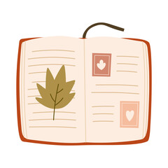 Open book in autumn vibe with leaves. Hand drawn cute cozy fall vector illustration.