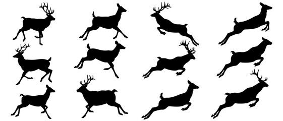 Running and Jumping Deer Silhouette Set - Dynamic Stag & Reindeer Clip Art
