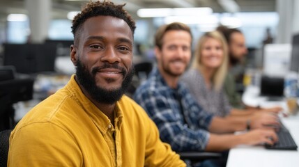 Obraz premium A group of diverse professionals collaborating in a bright office space, showcasing teamwork and productivity. Positive atmosphere and engagement are evident.