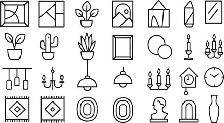 Home Decor and Interior Accessories Line Icons Set. Collection of Thin Outline Symbols for House Decoration, Art, Lighting, and Ornaments.