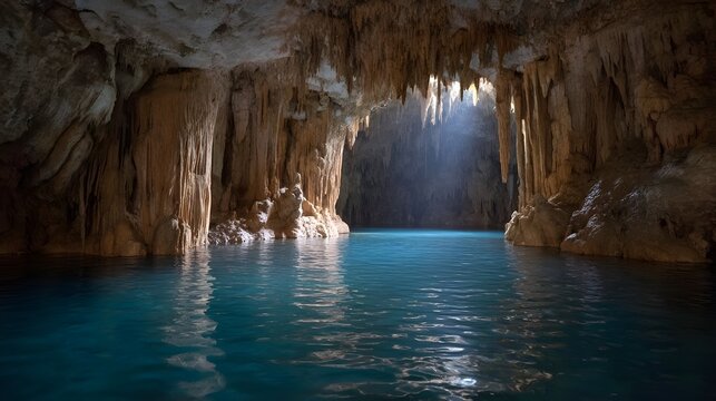 A beam of light illuminates a clear blue pool within a majestic cave filled with stalactites and stalagmites