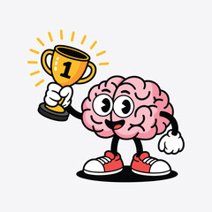 Pink cartoon brain character with big eyes holding a golden trophy with number one award