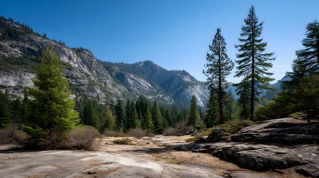 A scenic mountain landscape with evergreen trees and rocky terrain under a clear blue sky