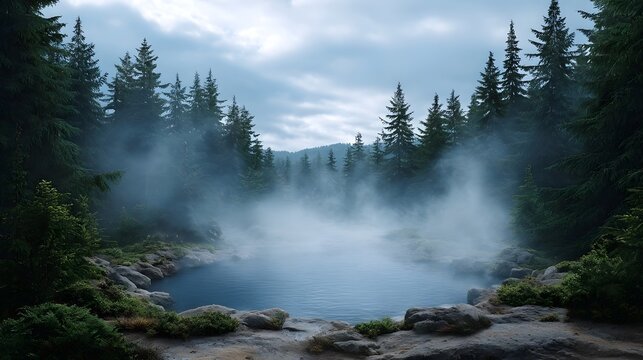 Misty geothermal spring surrounded by evergreen forest under a cloudy sky - Powered by Adobe