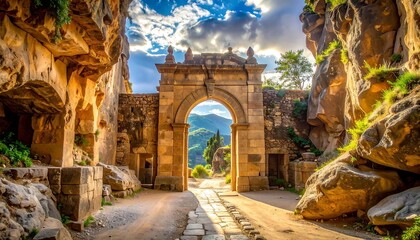 Stone archway framed by cliffs leads to a mountain view under a bright sky with sunlight. Road and buildings flank the passage