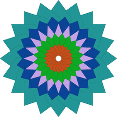 Abstract geometric mandala design with vibrant colors and floral pattern