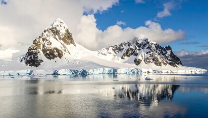 Snowy mountains meet water in calm landscape under cloudy skies in this tranquil, cold, and reflective vista