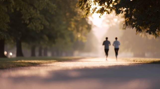 couple jogging together in park, sunny morning