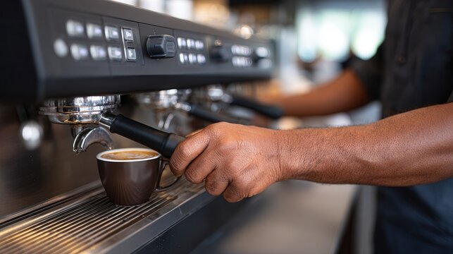 A skilled barista extracts espresso from a coffee machine in a modern cafe, showcasing the art of coffee making and the rich aroma of freshly brewed coffee.