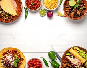 Colorful assortment of Mexican cuisine ingredients and dishes on a rustic, white wooden surface