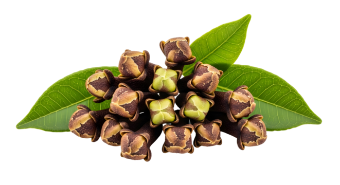A pile of dried cloves with green leaves, isolated on transparent background