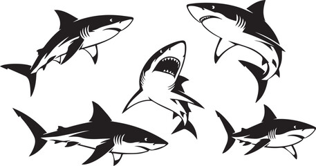 Collection of five black and white stylized illustrations of sharks swimming in different dynamic poses