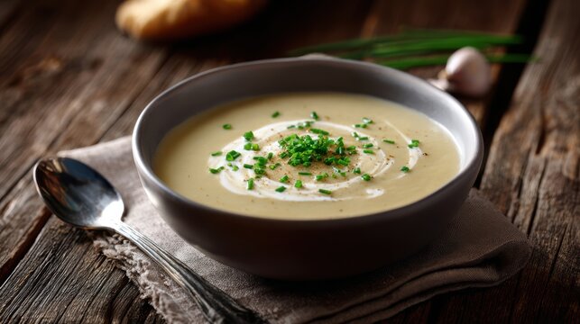 Creamy potato leek soup garnished with chives and pepper served in a bowl with spoon on a rustic wooden table offers a warm and comforting meal - Powered by Adobe