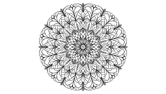 Symmetrical circular design with intricate floral and leaf-like patterns in black lines on a white background. A complex and delicate illustration
