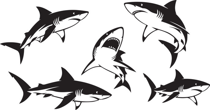 Collection of five black and white stylized illustrations of sharks swimming in different dynamic poses