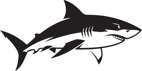 Hand drawn illustration of a black and white great white shark swimming in the ocean