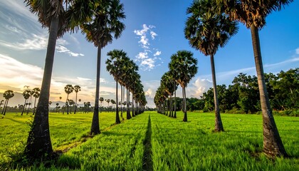 A scenic photo of a pathway through a vibrant green field, lined with tall palm trees under a blue sky with sunlight