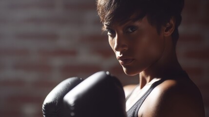woman in boxing stance, confident look, gym scene