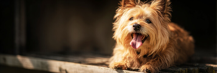 A cheerful small dog with fluffy fur sits on wooden steps, enjoying the warm sunlight. Its tongue is out, showing excitement and playfulness in a pleasant outdoor setting, banner
