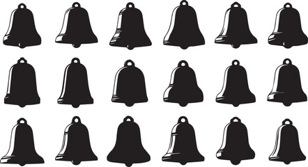 A collection of black silhouette christmas bells arranged in rows on a white background