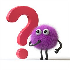 Fluffy, cute monster beside a question mark, symbolizing inquiry or curiosity. 3D rendering, conceptual image. Isolated on white background.