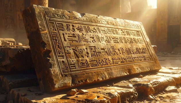 Sunlit scene showcasing a large, intricately carved stone tablet resting in a ruined ancient structure. The tablet features detailed hieroglyphs