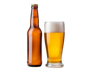 Refreshing beer bottle and glass with foam for beverage promotion and bar menu design