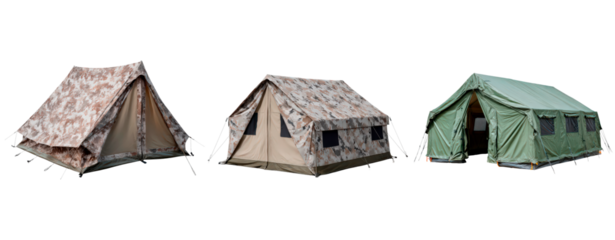 Variety of outdoor camping tents in camouflage and green styles for adventure and exploration