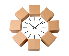 Time management concept with cardboard boxes as clock on transparent background
