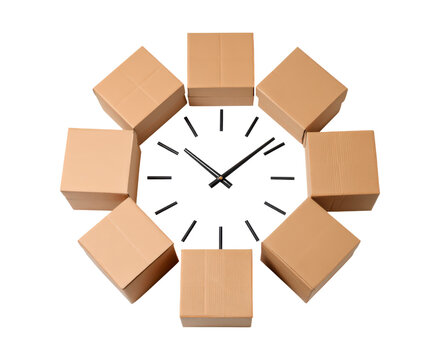 Time management concept with cardboard boxes as clock on transparent background