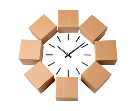 Time management concept with cardboard boxes as clock on transparent background