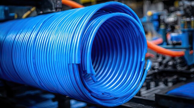 Close-up View of Industrial Blue Plastic Tubing Coiling on a Production Line in Manufacturing Facility