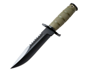 Tactical hunting knife with serrated blade on transparent background
