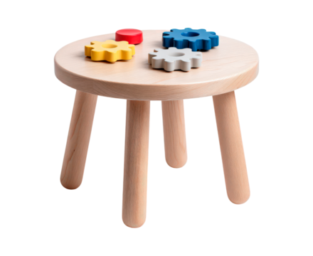 Wooden toy stool with colorful gear shapes for children's learning and play activities on transparent background