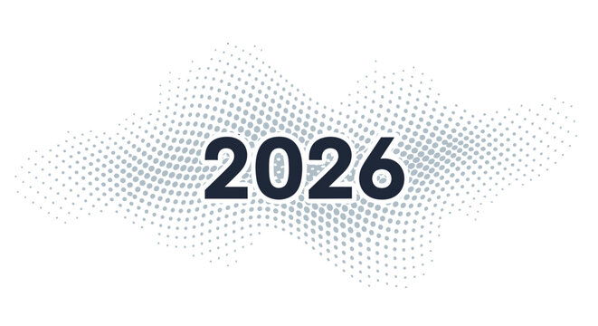The year 2026 displayed in bold dark blue text against a flowing abstract wave pattern of light blue dots on a white background