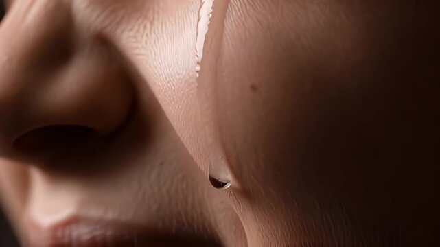 Close-up of a Woman Crying, Showing a Single Tear Rolling Down Her Cheek with dramatic lighting