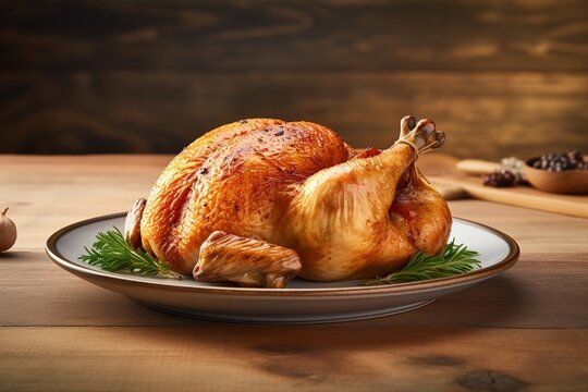  side View of fride chicken on a plate on Wooden Table
