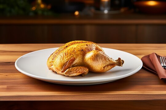  side View of fride chicken on a plate on Wooden Table