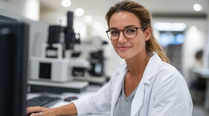 A confident female scientist in a lab coat smiles at the camera while working at her computer in a modern laboratory setting.