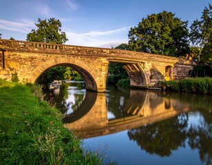 Stone bridge arches over a tranquil river reflecting the golden hues of a setting sun amidst lush greenery and trees on the banks