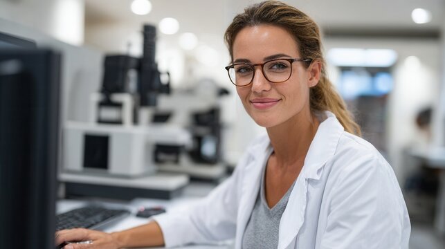 A confident female scientist in a lab coat smiles at the camera while working at her computer in a modern laboratory setting.