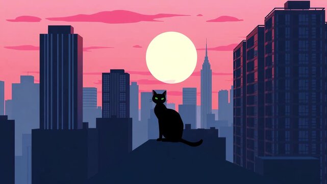 A black cat sits on a roof on cityscape background. A bright sunset illuminates skyscrapers and buildings. Cityscape, cartoon illustration style