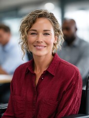 A cheerful woman with curly hair wearing a red shirt, seated in a modern office setting, exuding confidence and positivity during a business meeting.