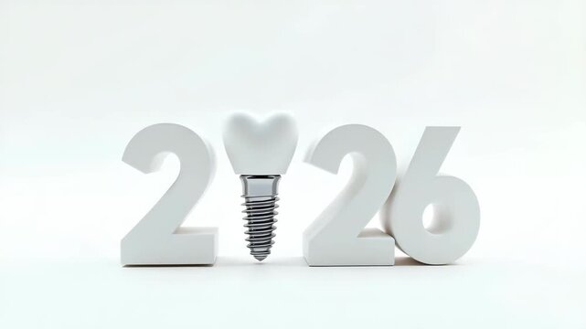 2026 numbers with tooth implant crown, metallic details shining,concept of dentistry, technology, health.