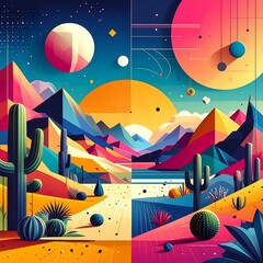 Colorful, geometric desert landscape with cacti, suns, mountains, and abstract planets