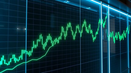 A vibrant green line graph ascends against a dark blue grid, symbolizing growth and progress in financial markets, with vertical blue lines adding a modern, techdriven aesthetic