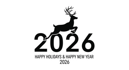 Black silhouette of a leaping reindeer over the year 2026 with happy holidays and happy new year text below