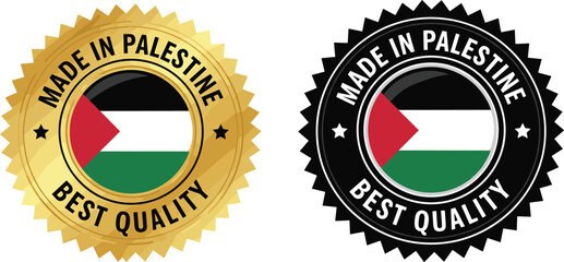 Palestinian flag badge vector, made in Palestine emblem, best quality product label, gold and black starburst design, national identity symbol, stock art illustration