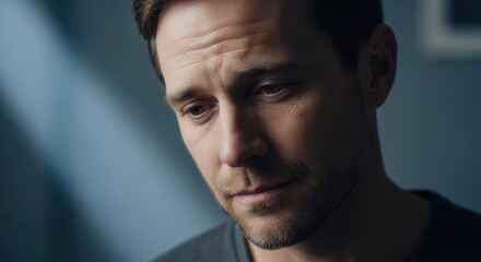 Fototapeta premium A close-up of a man looking down with a thoughtful expression, illuminated by soft light, conveying a sense of introspection and contemplation.