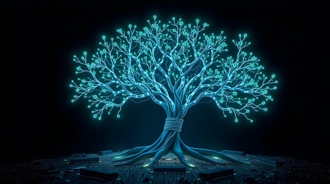 A mesmerizing digital tree glows with vibrant blue light against a dark backdrop, its branches and roots forming intricate patterns reminiscent of circuit boards and networks